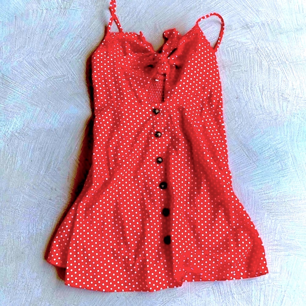 Like New Retro polka Dots sleeveless short dress tie in front and stretch LARGE